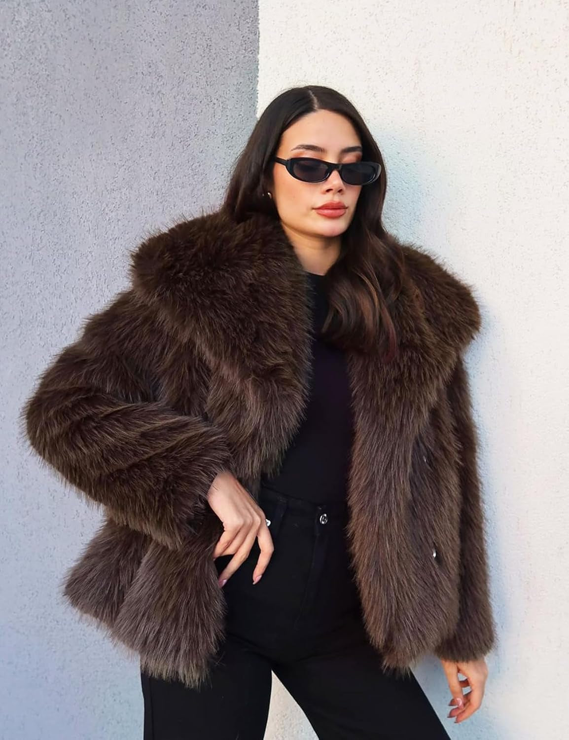 Women'S Faux Fur Coat Fluffy Faux Fur Jacket Long Sleeve Lapel Furry Winter Jackets Shaggy Parka Short Coat