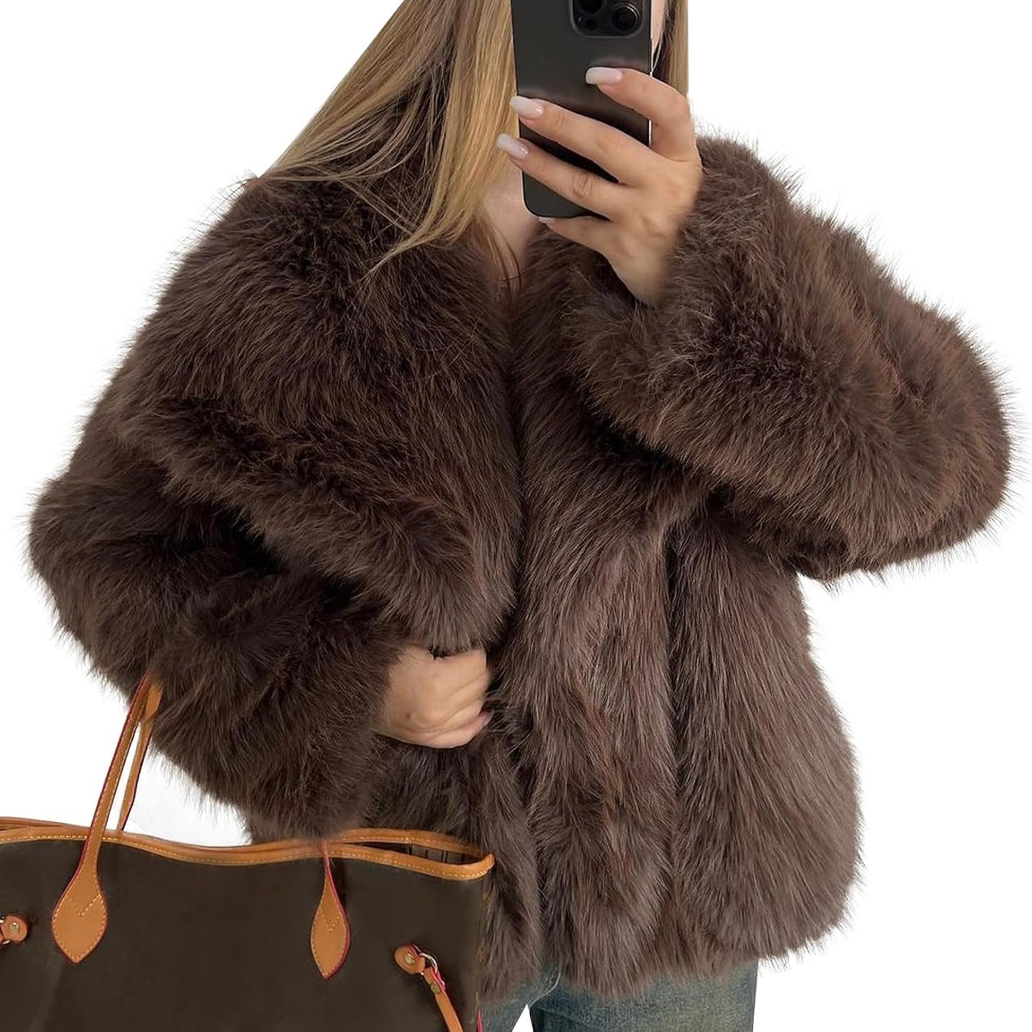 Women'S Faux Fur Coat Fluffy Faux Fur Jacket Long Sleeve Lapel Furry Winter Jackets Shaggy Parka Short Coat