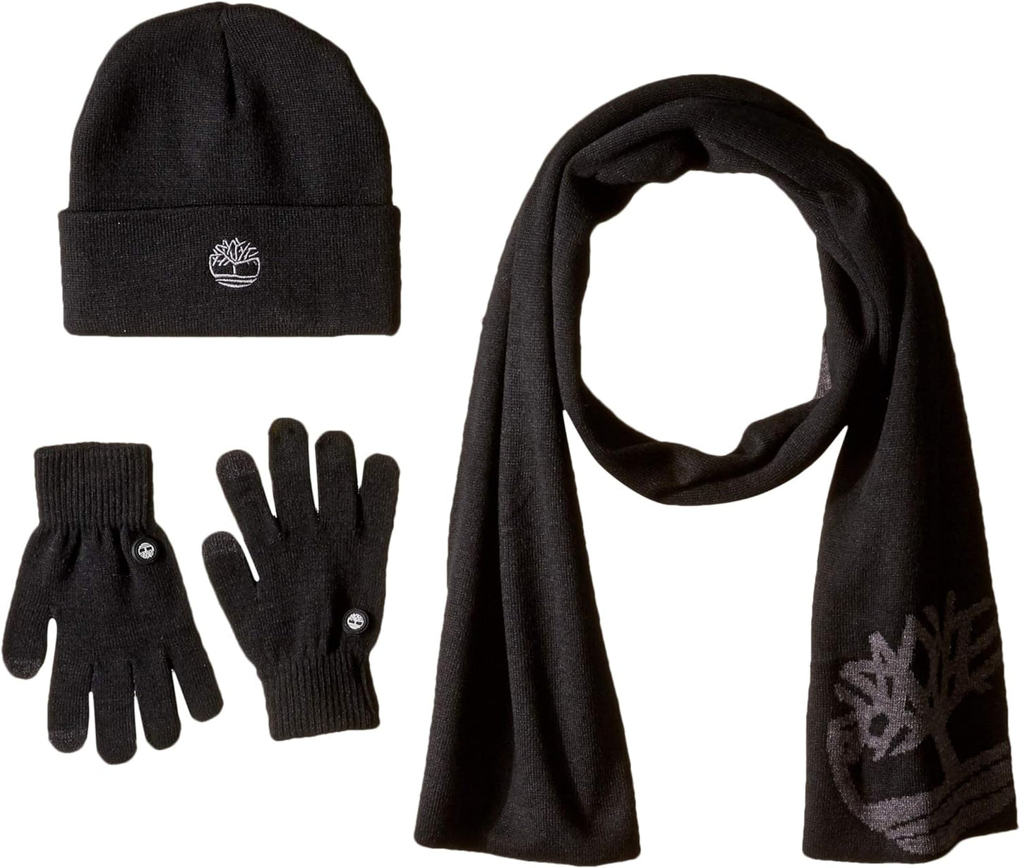 Double Layer Scarf, Cuffed Beanie & Magic Glove Gift Set Accessory, Black, One Size